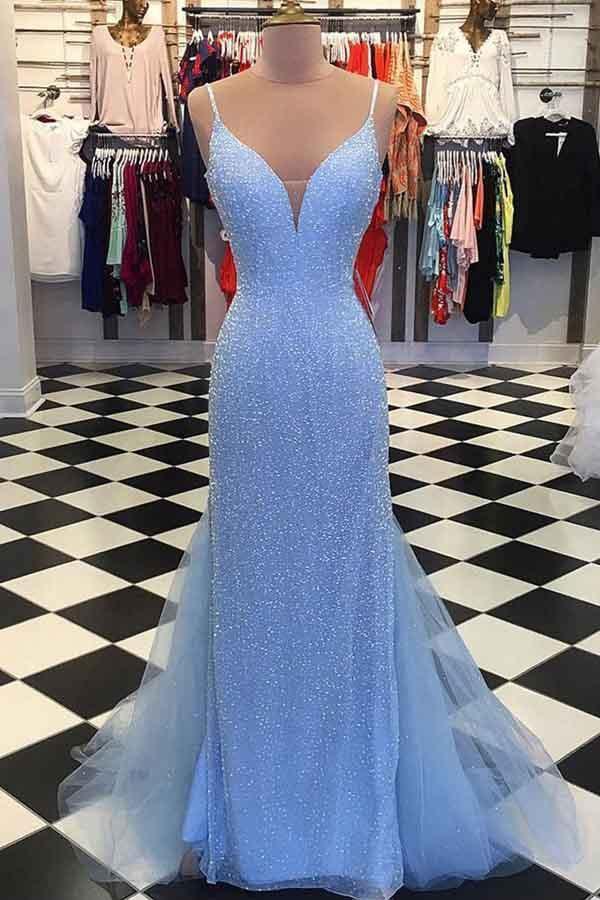 Straps Light Blue Mermaid Prom Dresses ...